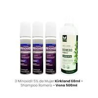 3 Minoxidil 5% de Mujer Kirkland 60ml + Shampoo Romero - Vena 500ml